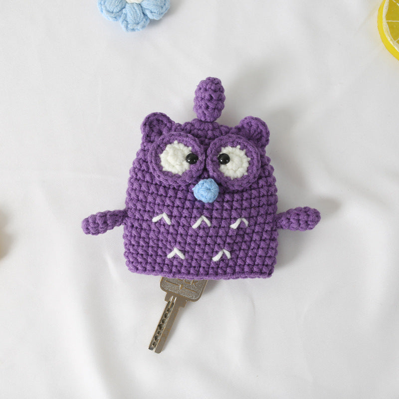 Cute Cartoon Owl Keychain Pouch Hand-Woven Cotton Bag