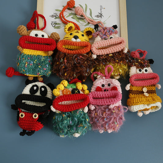 Cute Cartoon Hand-Woven Keychain Pouch Breathable Knit Key Cover