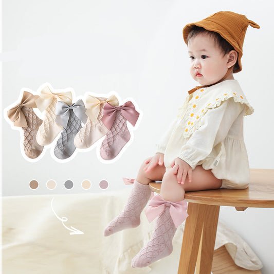Baby Girl Princess Socks With Bow Adorable Cotton Mid-Calf Socks