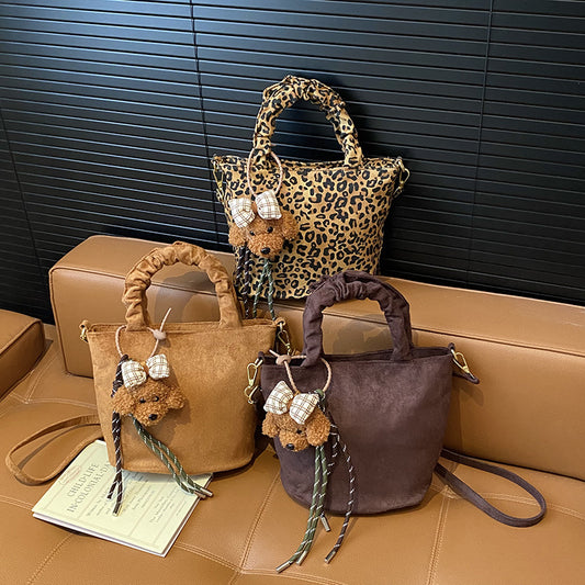 Trendy Leopard Print Crossbody Bag with Cute Dog Charm