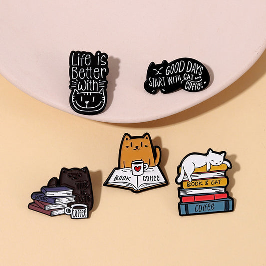 Lazy Cartoon Cat Book Lover Backpack Metal Badge