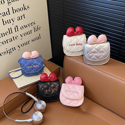 Cute Cat Bow Mini Shoulder Bag Stylish Diamond Pattern Baby Coin Purse