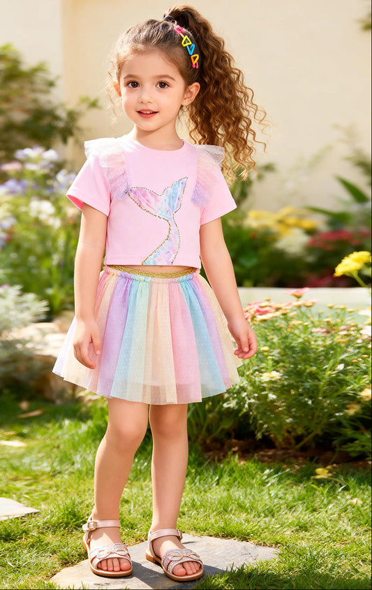 Summer Girls Mesh Skirt Set Cute Cartoon Style