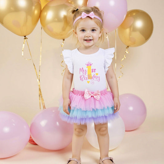 Baby Girl Birthday Outfit Three-Piece Set with Ruffled Sleeves
