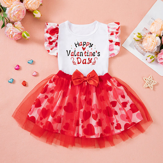Heart Print Girl's Dress Set with Flutter Sleeve Tee