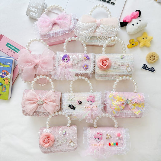 Girls' Pearl Handbag Chic Lace Bow Princess Shoulder Bag