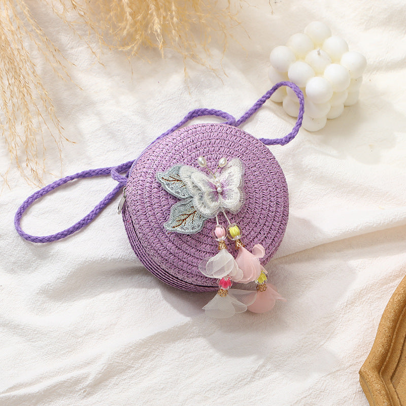 Woven Beach Bag with Butterfly Tassels for Girls