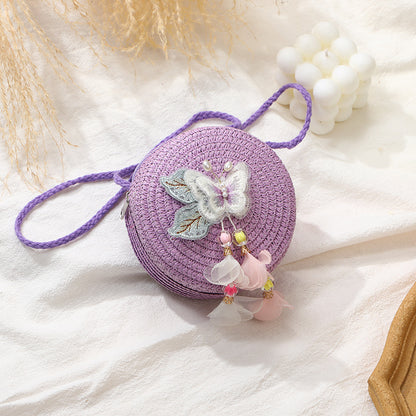 Woven Beach Bag with Butterfly Tassels for Girls