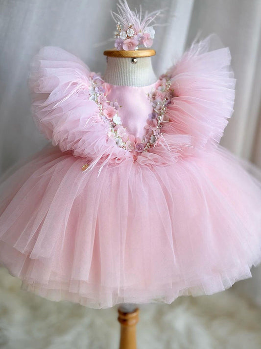 Pink Tulle Princess Dress with Pearl and Bow Accents