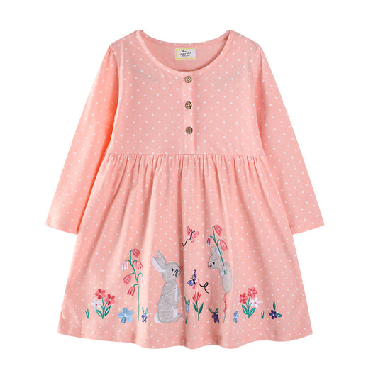 Embroidered Dinosaur Long Sleeve Dress for Girls