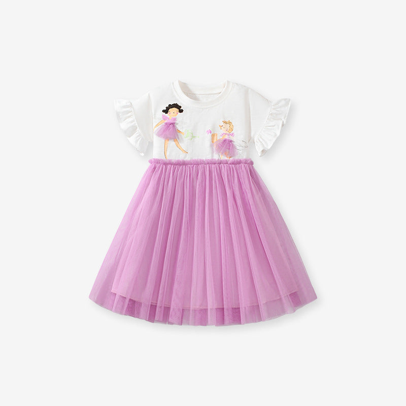 Cute Princess Dress for Girls Summer Short Sleeve Tulle Dress