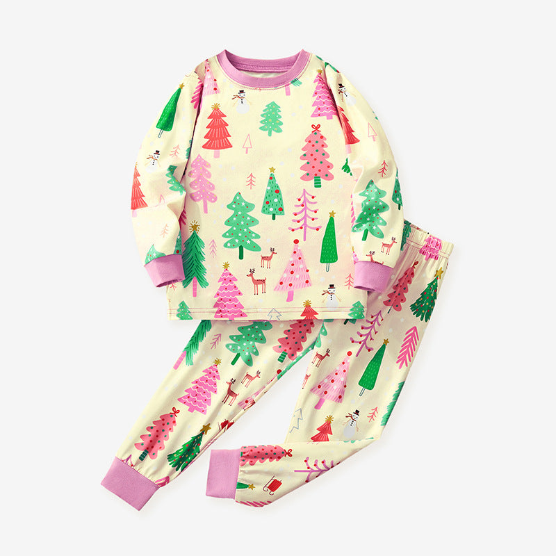 Cartoon Christmas Tree Print Milk Silk Pajama Set for Kids