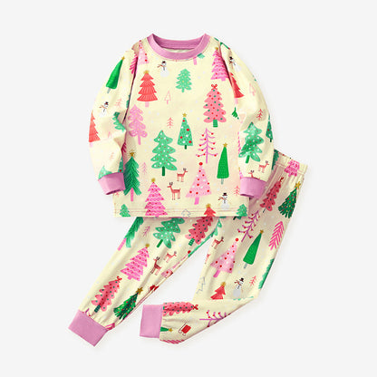 Cartoon Christmas Tree Print Milk Silk Pajama Set for Kids