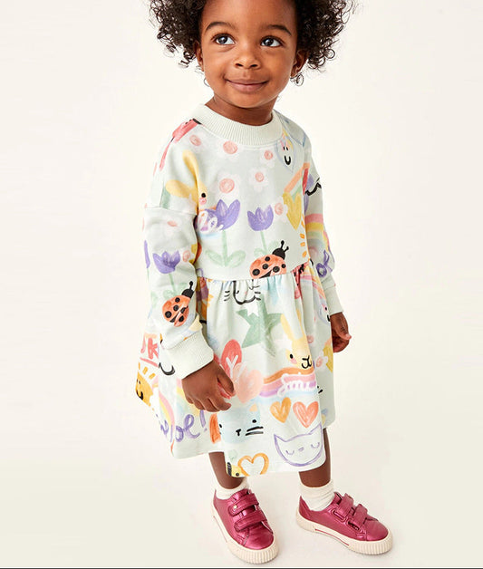 Girls' Cartoon Print Long Sleeve Dress Casual Style