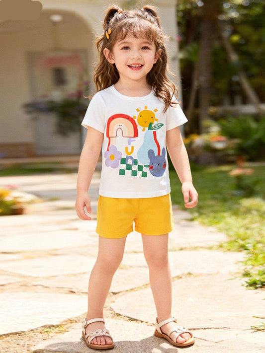 Cartoon Print Cotton T-Shirt and Shorts Set for Girls