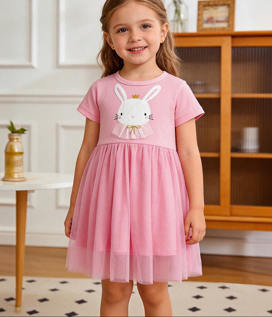 Cute Rabbit Embroidered Cotton Dress for Girls