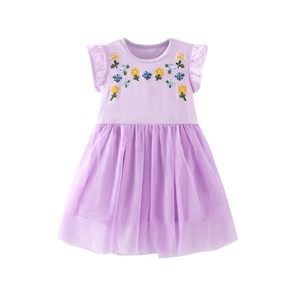 Floral Embroidered Cotton Dress With Ruffled Sleeves