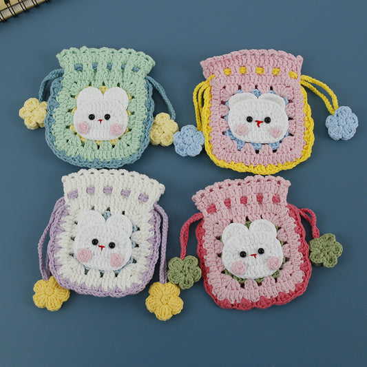Woven Rabbit Drawstring Bag Cute Handmade Crochet Purse
