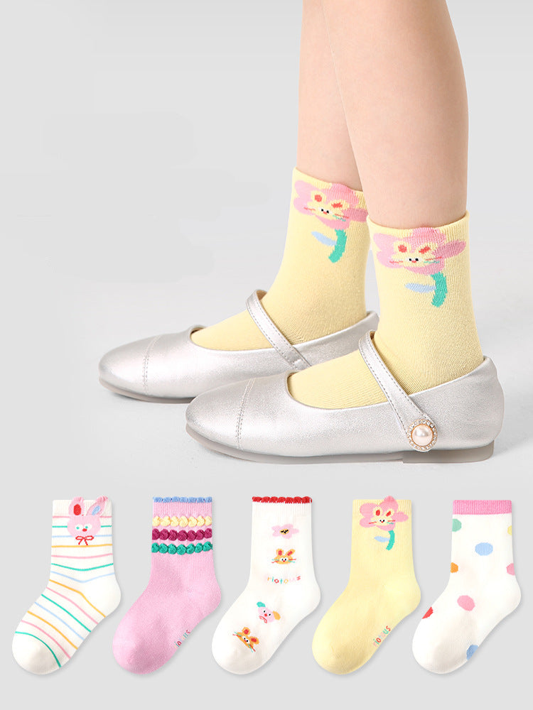 Kids Mid Calf Cotton Socks With Rabbit Lace Trim