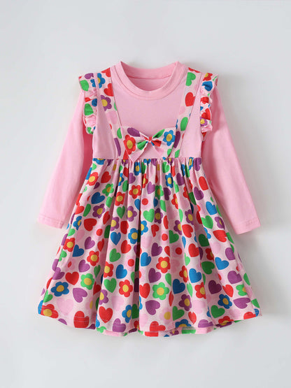 Floral Print Long Sleeve Dress with Bow for Girls
