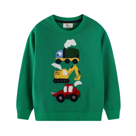 Kids Embroidered Excavator Sweatshirt Soft Cotton Long Sleeve Top