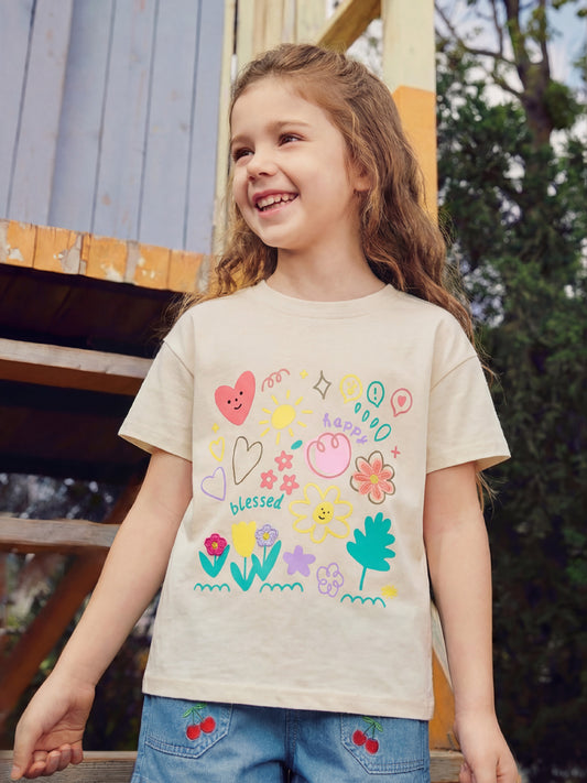Floral Print Girls T-Shirt Soft Cotton Short Sleeve Casual Top