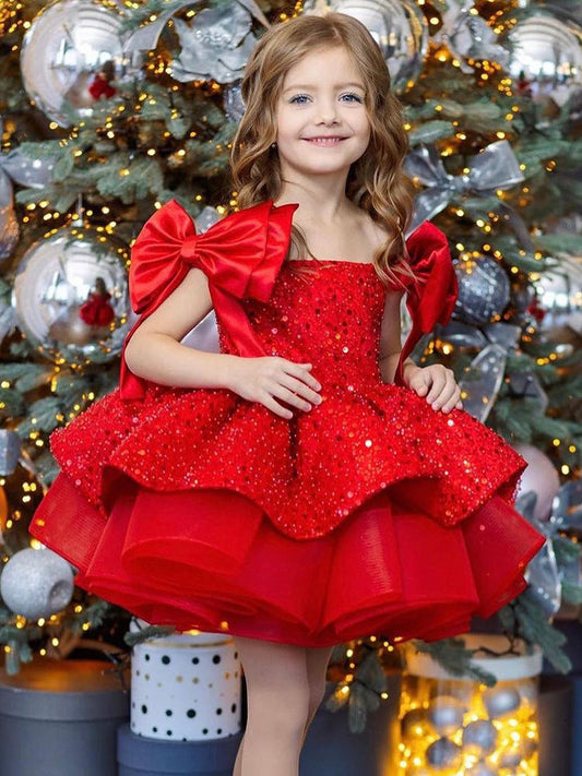 Girls' Red Sequin Tulle Christmas Princess Dress