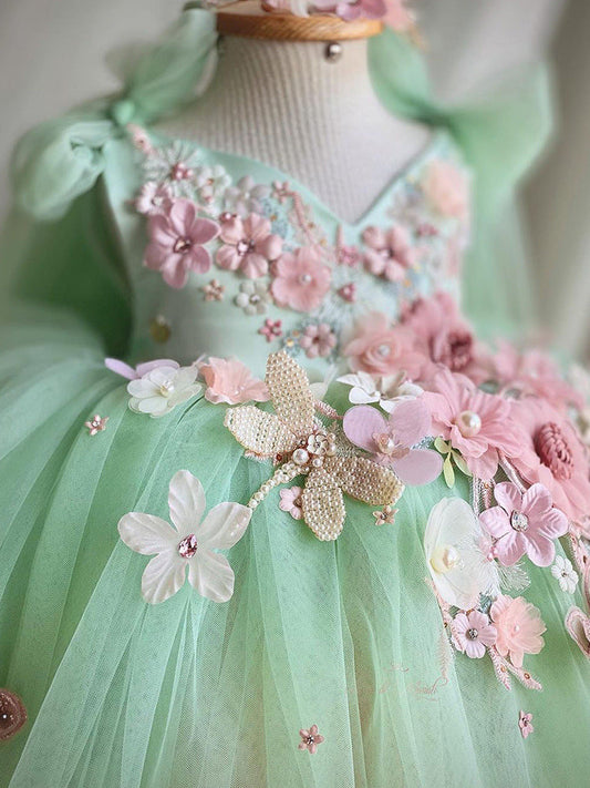 Girls' Floral Bow Tulle Princess Dress