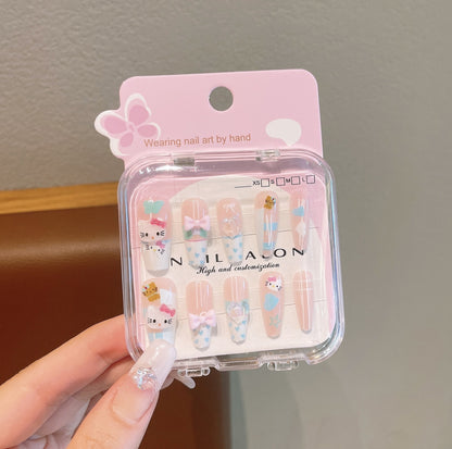 Cute Cartoon Long Nail Stickers with Heart Bow for Kids