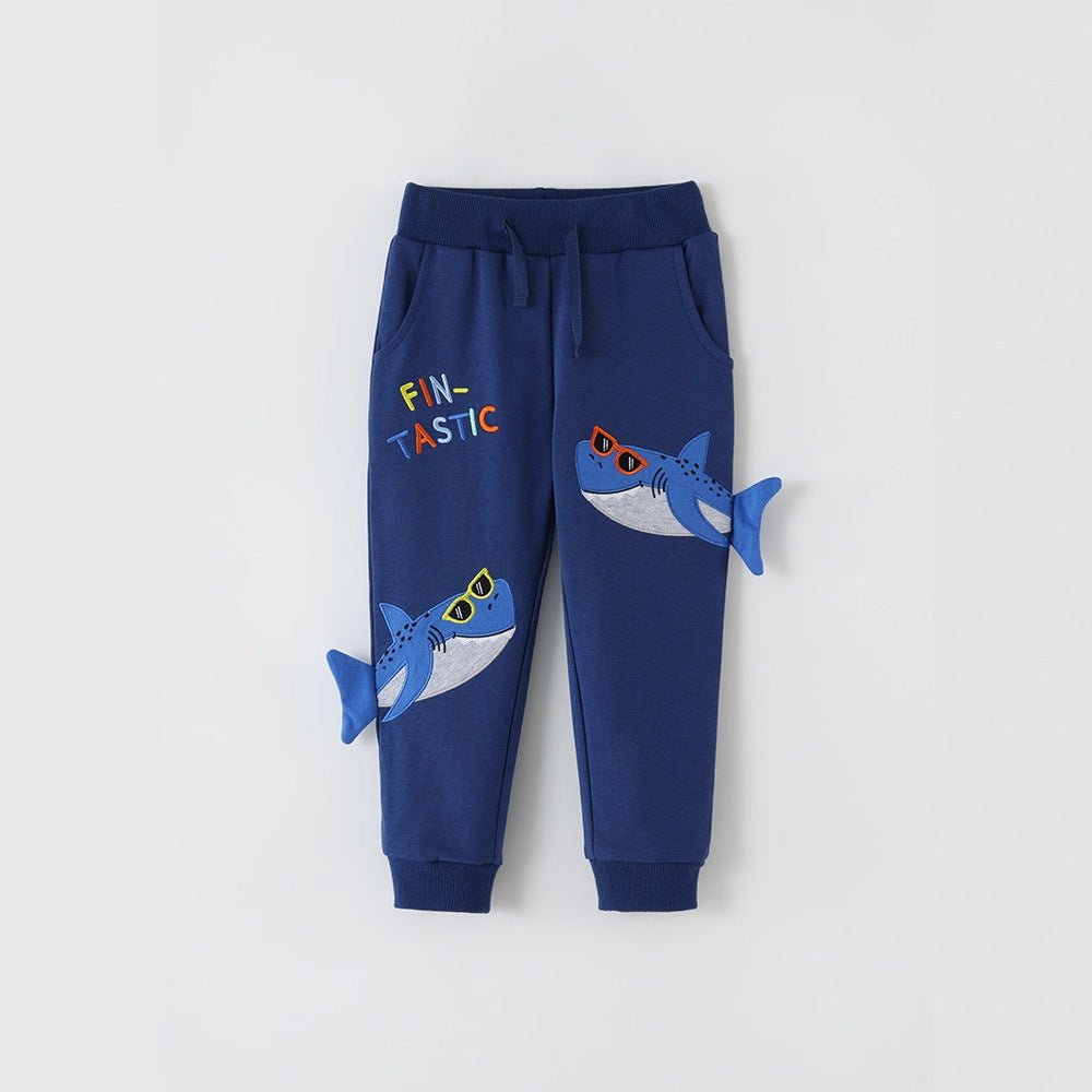 Cartoon Shark Embroidered Jogger Pants for Boys
