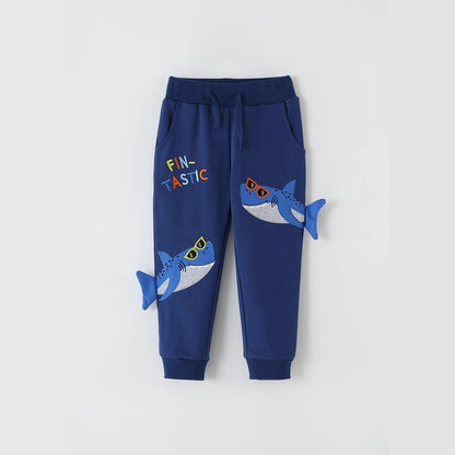 Cartoon Shark Embroidered Jogger Pants for Boys