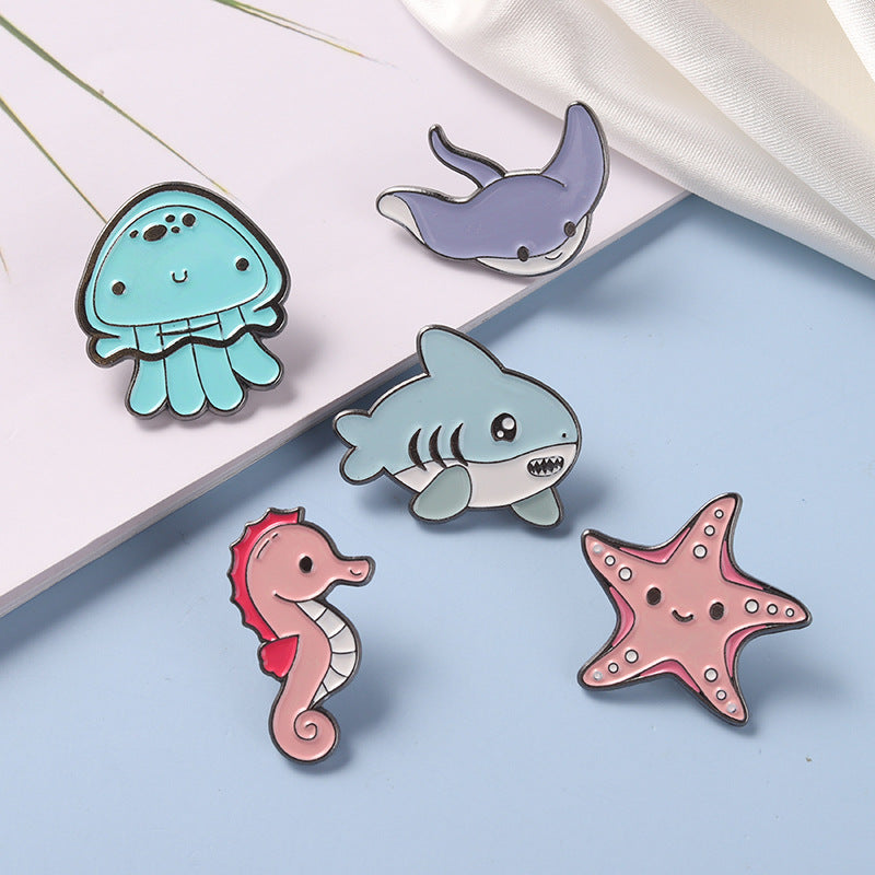 Ocean Animal Series Cute Enamel Pins Shark Jellyfish Seahorse Brooches