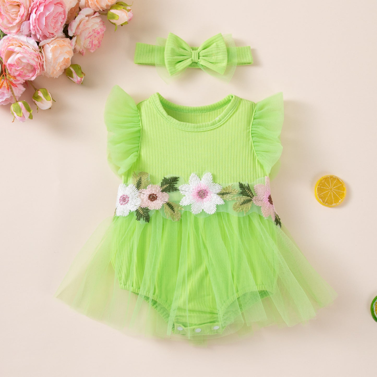 New Cute Floral Sleeve Baby Girl Mesh Romper Dress Set