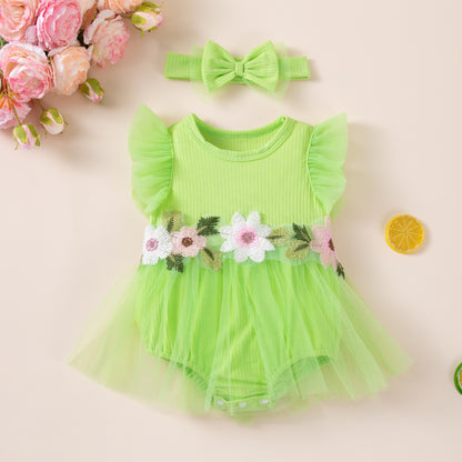 New Cute Floral Sleeve Baby Girl Mesh Romper Dress Set