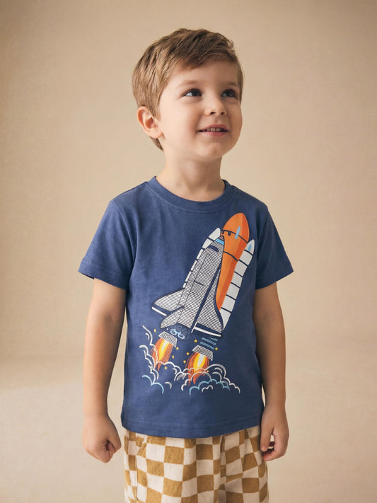 Trendy Rocket Print Short Sleeve T-Shirt for Boys