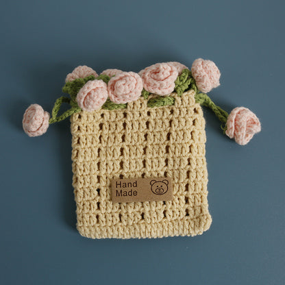 Handmade Cartoon Rose Drawstring Purse Cute Knitted Coin Bag