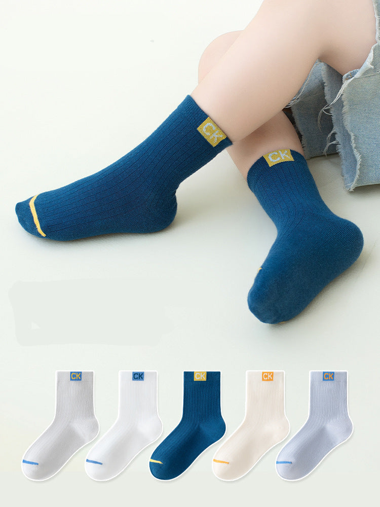 Solid Color Contrast Cotton Mid-Calf Socks for Kids