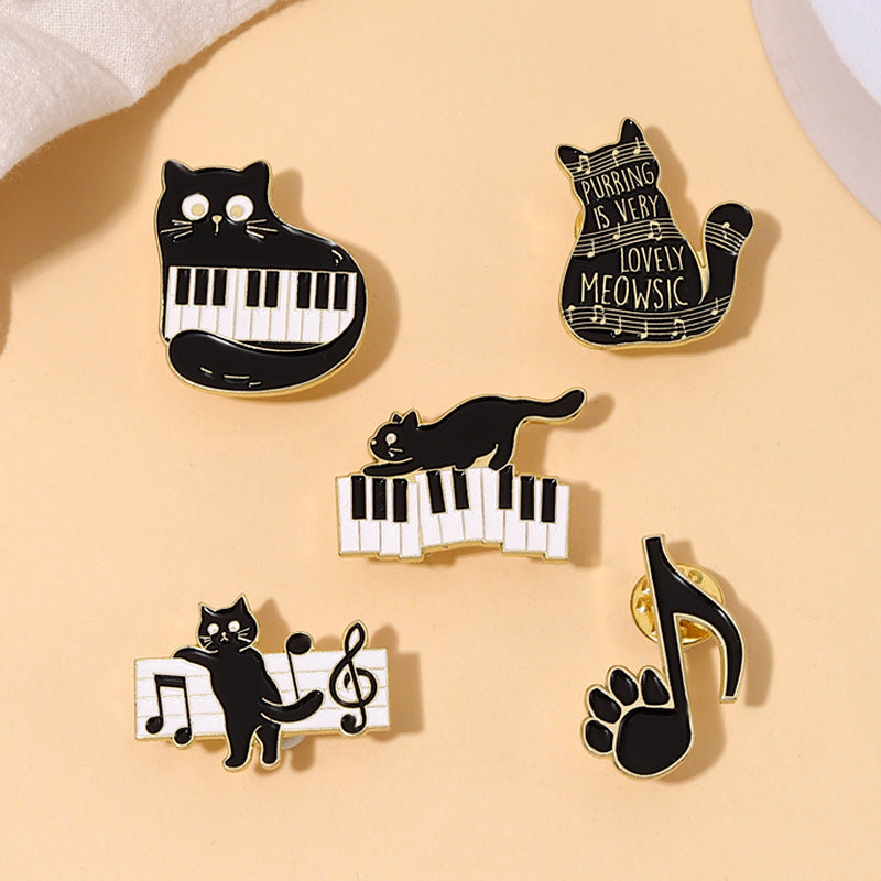 Cool Cartoon Black Cat Piano Brooch Cute Animal Lapel Pin