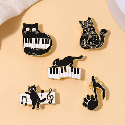 Cool Cartoon Black Cat Piano Brooch Cute Animal Lapel Pin