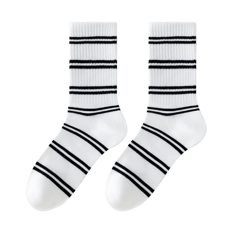 Retro Striped Cotton Mid-Calf Socks for Women
