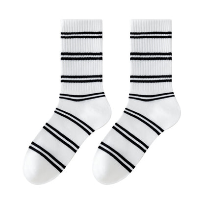 Retro Striped Cotton Mid-Calf Socks for Women