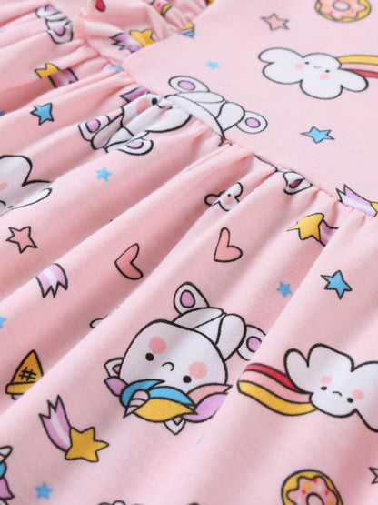 Cartoon Floral A-Line Dress Soft Cotton Girls' Dress