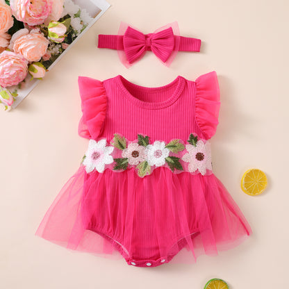New Cute Floral Sleeve Baby Girl Mesh Romper Dress Set