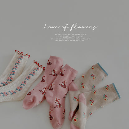 Girls Cotton Floral Ruffle Mid Calf Breathable Socks