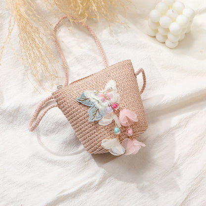 Woven Beach Bag with Butterfly Tassels for Girls