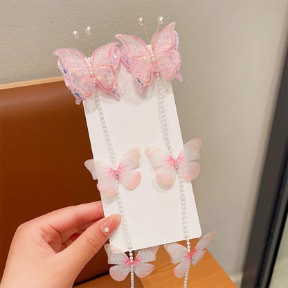 Children's Butterfly Pearl Hair Clips with Tassels