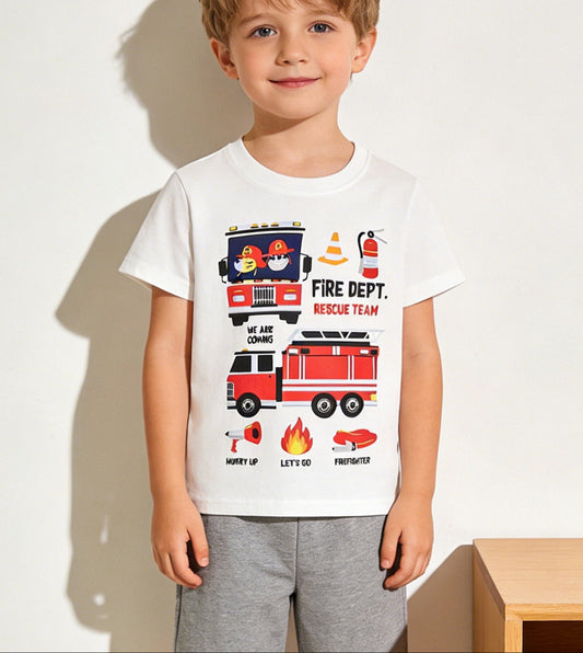 Cotton Fire Truck Graphic Short Sleeve T-Shirt for Boys