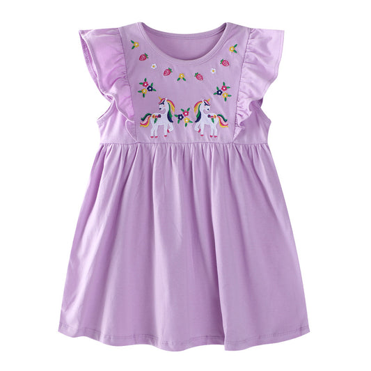 Unicorn Princess Dress Embroidered Cotton Dress For Girls