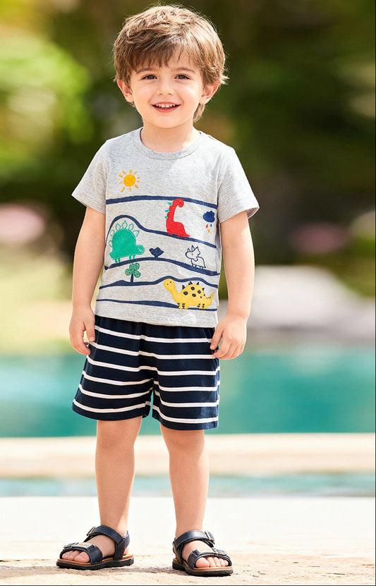 Kids Cartoon Dinosaur Summer Short Sleeve Outfit