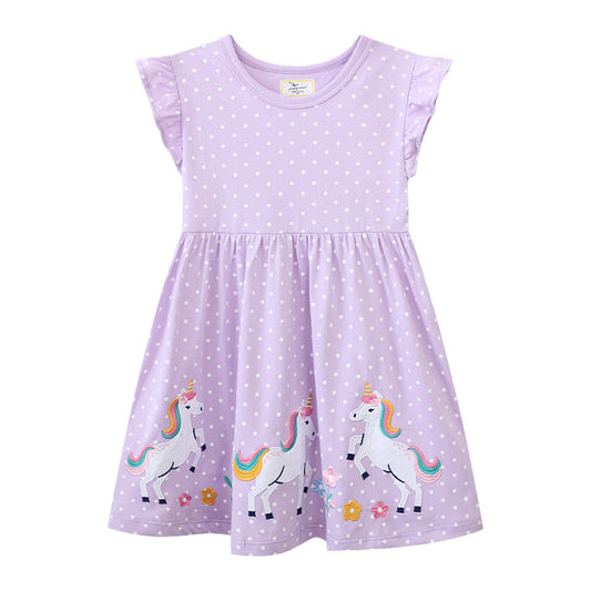 Unicorn Print Summer Short Sleeve Dress for Girls
